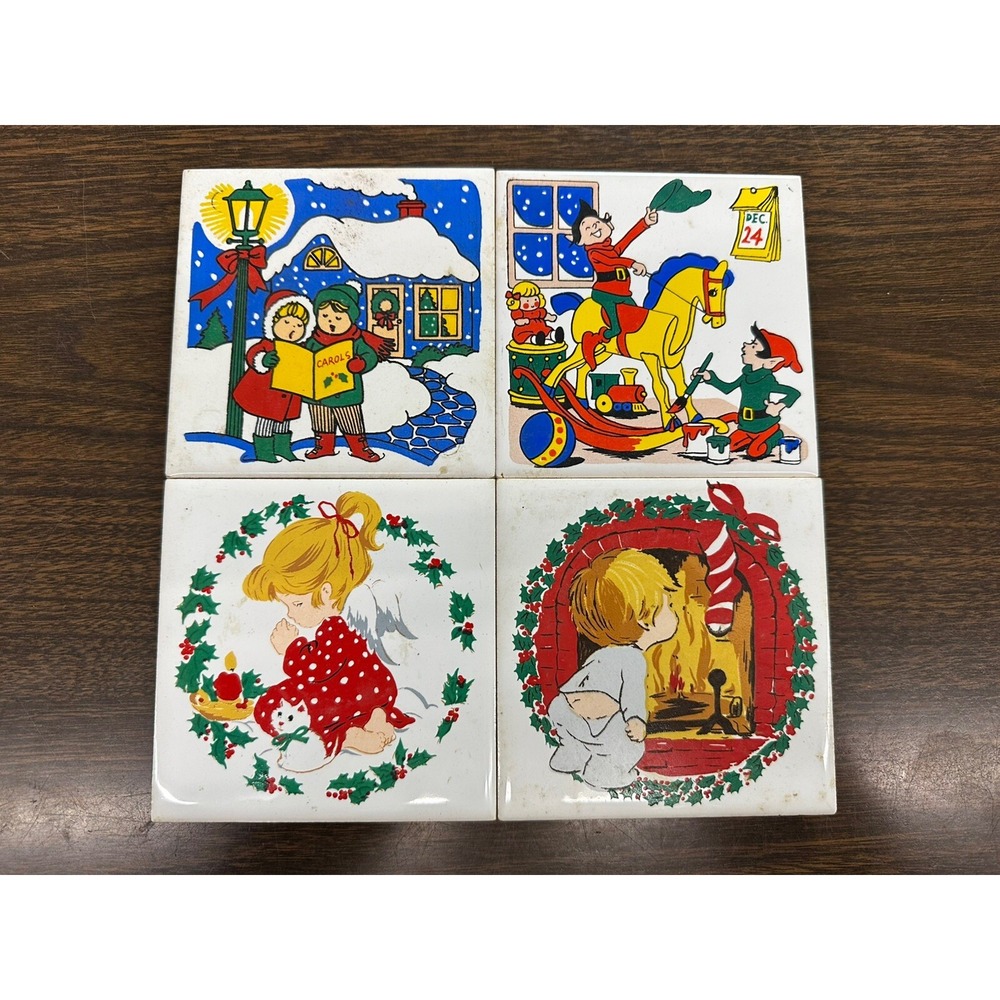 Jasco Christmas Holiday Ceramic Tile Trivet-Set of 4w/Rubber‎ Feet Vintage 1981